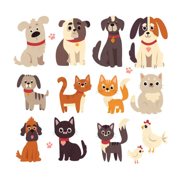 Vector illustration of Set of cute cartoon dogs, cats and cats. Vector illustration.