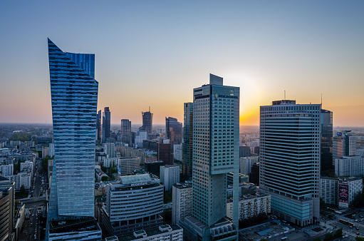 Warsaw, Poland - May 2 2022: Panoramic. view of modern skyscrapers and business centers in Warsaw. View of the city center from above. Warsaw, Poland.