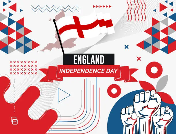 Vector illustration of England national day banner with map, flag colors theme background and geometric abstract retro modern Red and blue color design. abstract modern design.