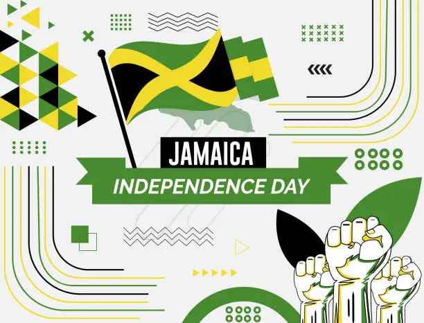 Vector illustration of Jamaica national day banner with map, flag colors theme background and geometric abstract retro modern colorfull design with raised hands or fists.