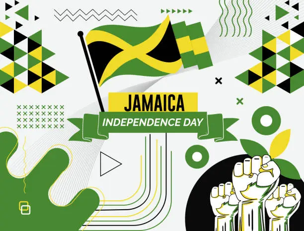 Vector illustration of Jamaica national day banner with map, flag colors theme background and geometric abstract retro modern colorfull design with raised hands or fists.