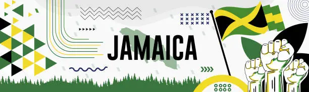 Vector illustration of Jamaica national day banner with map, flag colors theme background and geometric abstract retro modern colorfull design with raised hands or fists.