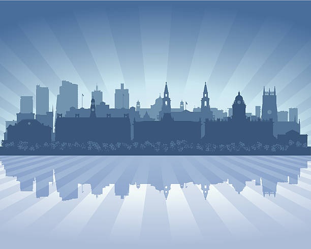 illustrazioni stock, clip art, cartoni animati e icone di tendenza di leeds, inghilterra blu city skyline sagoma - leeds england uk city famous place