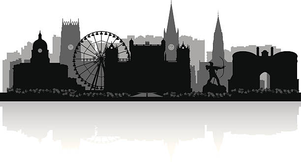 Nottingham England city skyline vector silhouette Nottingham England city skyline silhouette vector illustration nottinghamshire stock illustrations