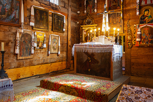 Lviv region, Ukraine - July, 2021: Interior of ancient wooden church
