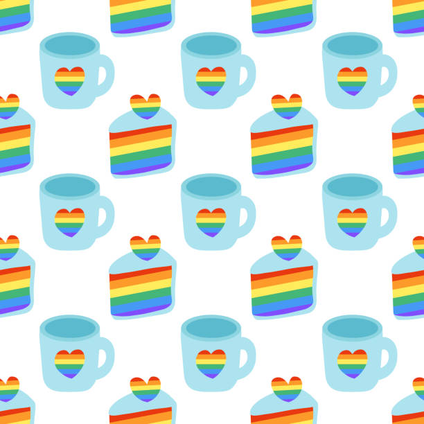 istock Seamless Pattern with LGBT Cute Cup with rainbow heart and Cake slice. LGBTQ background. Symbol of the LGBT pride community. Flat vector illustration. 1862009929