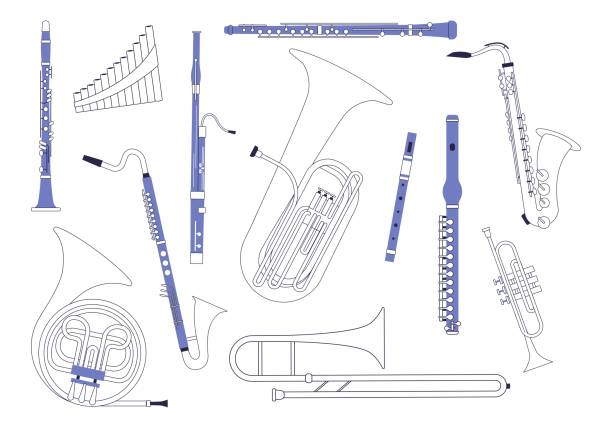 набор духовых музыкальных инструментов. векторные изображения изделий из духового оркестра. - trombone musical instrument wind instrument brass band stock illustrations