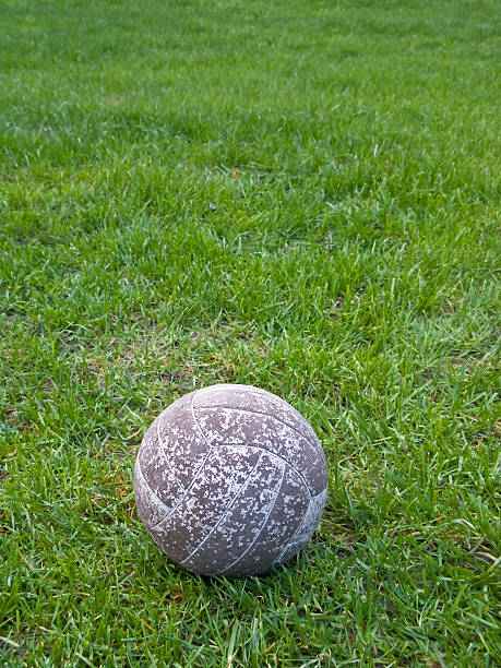 istock Old soccer ball in a green grass field 186201611