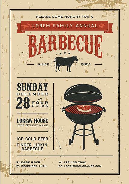 Party invitation with a vintage barbecue Vintage barbecue party invitation. over the hill birthday stock illustrations