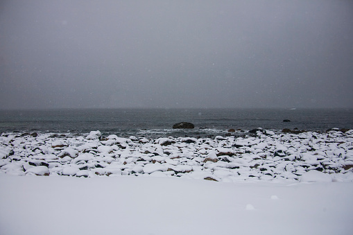 Winter in Bleik Beach, Lofoten Islands, Northern, Norway.