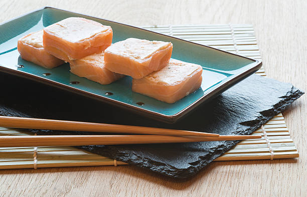 istock Fresh sushi salmon cream cheese parcels on plate with chopsticks 186207266