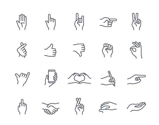 illustrazioni stock, clip art, cartoni animati e icone di tendenza di set vettoriale di icone lineari dei gesti della mano - mano immagine