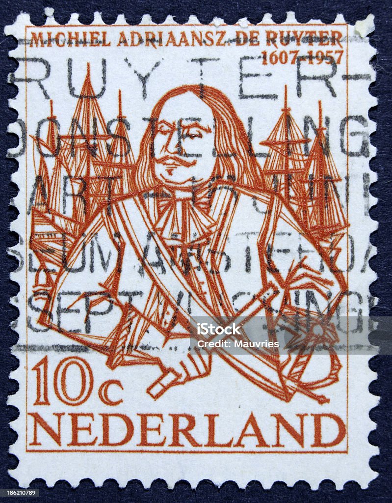 Famous hollander A stamp printed in the Netherlands shows Michiel de Ruyter, Dutch Admiral, circa 1957 Black Background Stock Photo