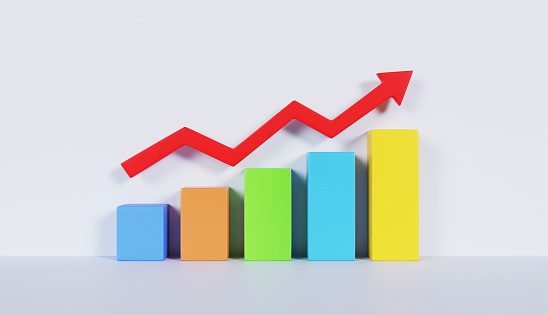 Business graph showing growth with arrow red on Pastel Color Background
