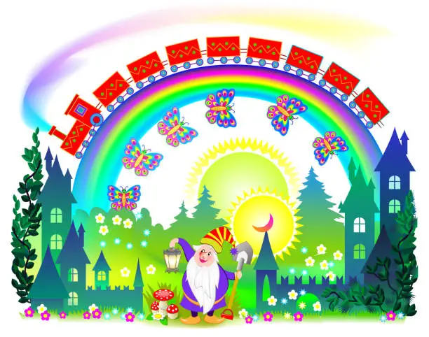Vector illustration of Illustration of fantasy fairyland kingdom. Cover for kids fairy tale book. Poster for travel company. Modern print for little children and kindergarten. Vector cartoon image.