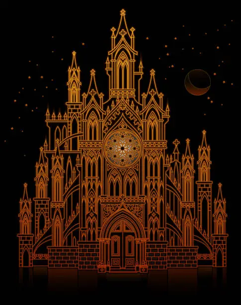 Vector illustration of Illustration of fantasy fairyland medieval castle at night. Gothic architectural style with pointed arch. Cover for baby fairy tale book. Modern print. Middle ages in Western Europe. Vector image.