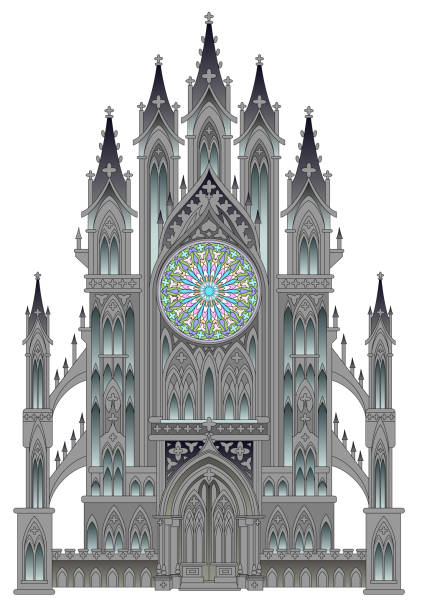 ilustrações, clipart, desenhos animados e ícones de silhueta da fantasia fairyland catedral medieval em um fundo branco. estilo arquitetônico gótico com belas rosas e vitrais. impressão moderna. idade média na europa ocidental. - window gothic style rose window vector