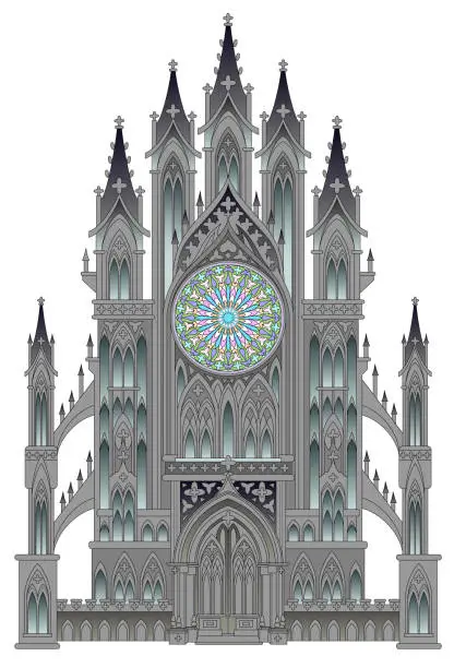 Vector illustration of Silhouette of fantasy fairyland medieval cathedral on a white background. Gothic architectural style with beautiful rose and stained glass windows. Modern print. Middle ages in Western Europe.