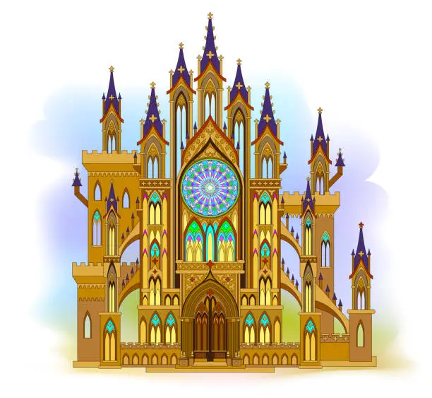 Vector illustration of Fantastic Gothic castle from fairyland. Illustration of medieval cathedral with beautiful stained glass rose and windows. Middle ages in Western Europe. Modern print for travel company. Vector image.