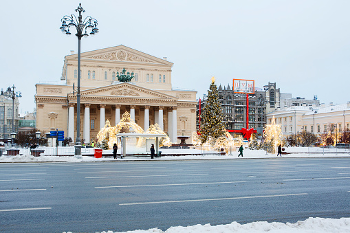 Moscow, Russia - December 16,2023: Bolshoi Theater in Moscow. Winter.\n  It is one of the largest opera and ballet theaters in Russia and one of the most important opera and ballet theaters in the world. The building is one of the best examples of Russian classical architecture.