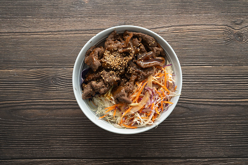 beef teriyaki donburi in a bowl