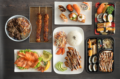 top down view of Japanese dishes in a group