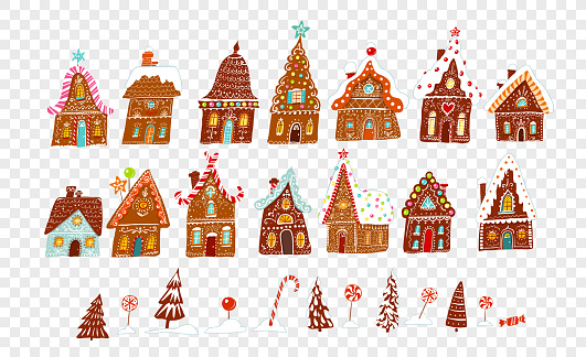 Set of gingerbread houses, christmas sweets and snowy fir trees.