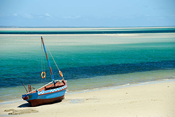 Photograph of a dhow sitting on the shoreline of an ocean A Dhow at the water's edge on a beach in Mozambique dhow photos stock pictures, royalty-free photos & images