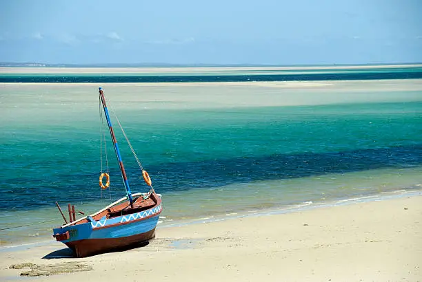 A Dhow at the water's edge on a beach in Mozambique