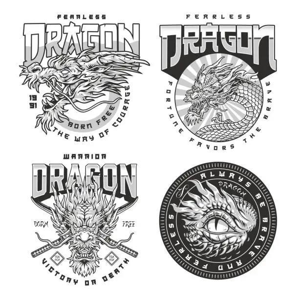 Vector illustration of MMA dragon monochrome set flyer