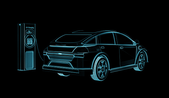 3d rendering scan ev car or electric vehicle plug in with recharging station