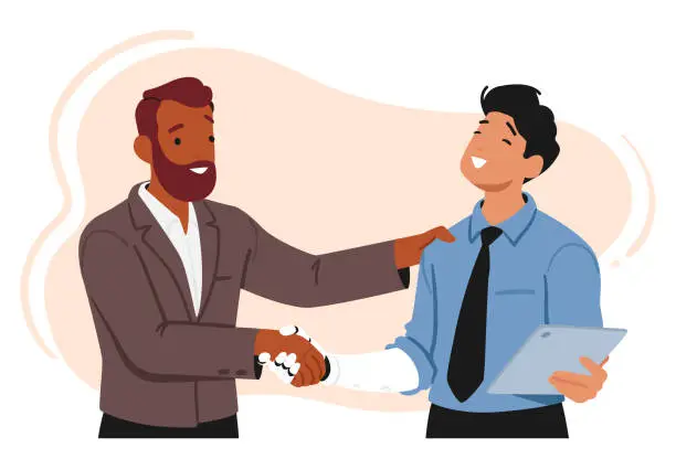 Vector illustration of Disabled Male Character With A Hand Prosthesis Confidently Extends His Arm For A Handshake, Vector Illustration