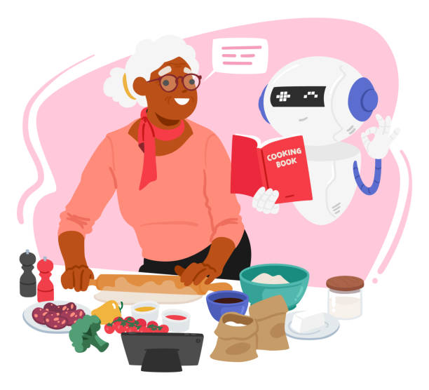 Elderly Woman Joyfully Interacts With Kitchen Chat Bot Assistant, Seeking Recipe Advice. Virtual Culinary Collaboration Elderly Woman Joyfully Interacts With Kitchen Chat Bot Assistant, Seeking Recipe Advice. Old Female with Utensils And Ingredients in Virtual Culinary Collaboration. Cartoon People Vector Illustration bionic woman cartoon stock illustrations