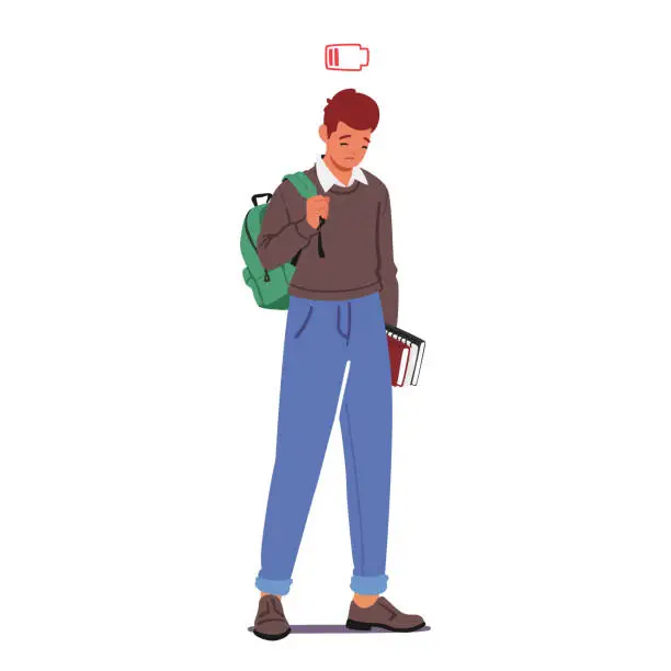 Vector illustration of Weary, Despondent Student Carries A Heavy Backpack And A Thick Book, Shoulders Slouched, Eyes Drooping
