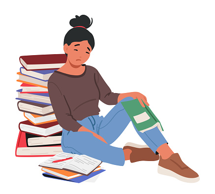 Exhausted And Disheartened, Weary Student Character Slumps Amidst A Tower Of Books, Drowning In Academic Stress, her Eyes Reflecting The Weight Of Endless Studying. Cartoon People Vector Illustration