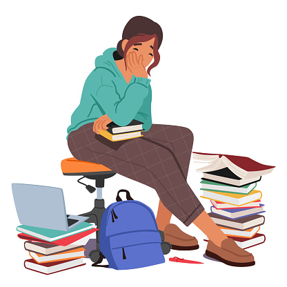 Exhausted Student Girl Character Engulfed By Towering Stacks Of Books, Eyes Drooping With Weariness, As The Weight Of Academic Demands Takes Its Toll In Study Session. Cartoon Vector Illustration