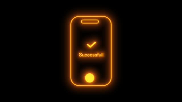 Neon smartphone outline with a checkmark and successful text on a dark background.