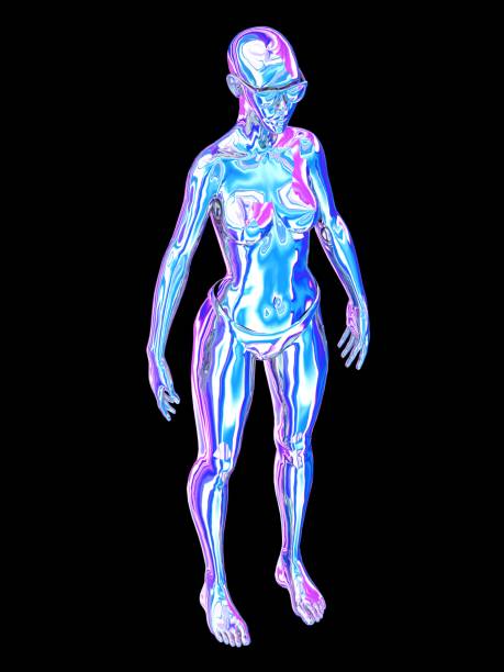 Stylish woman in colorful sci-fi bodysuit and augmented visor reaches forward in a glowing high-tech virtual environment.