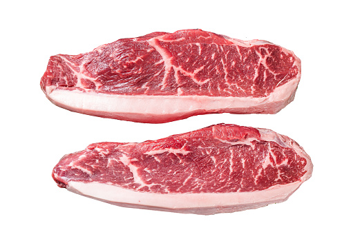 Raw top sirloin beef meat steak or brazilian Picanha on grill.  Isolated on white background
