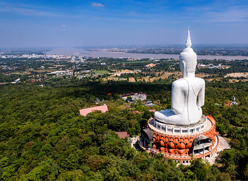 Aerial view of Wat Roi Phra Phutthabat Phu Manorom, Mukdahan, Thailand, south east asia