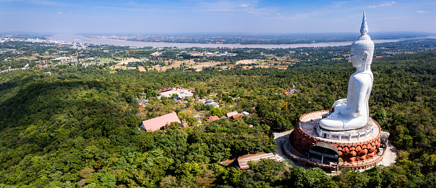 Aerial view of Wat Roi Phra Phutthabat Phu Manorom, Mukdahan, Thailand, south east asia