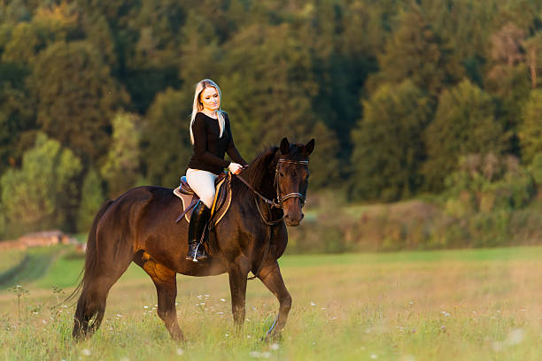 istock blonde beauty rides her horse 186218451