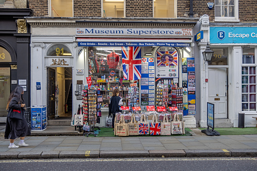 Great Russel Street, London, England - November 6th 2023:  English souvenir shop placed opposite the British Museum