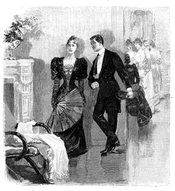 niemiecki magazyn satyryczny, zalotny na przyjęciu: dżentelmen flirtuje po cichu z młodą kobietą w eleganckiej sukni wieczorowej i szerokim wachlarzu - retro revival couple men elegance stock illustrations