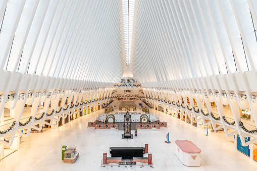 New York, NY, USA - December 11, 2023: The Oculus, also known as the Westfield World Trade Center, is a shopping mall complex and transportation hub.