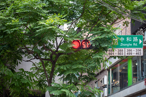 Pedestrian signal lights and roadside shop signs in Taipei, Taiwan