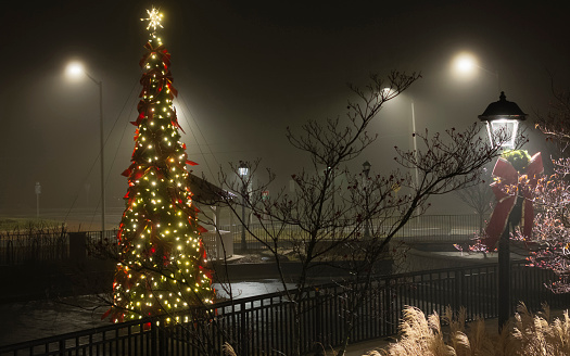 Foggy Christmas display in the Town of Purcellville, Virginia.