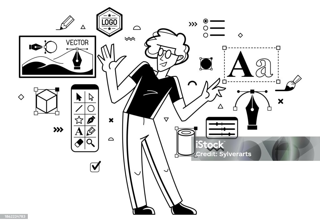 Graphic Designer Working On Some Creative Project Vector Outline ...