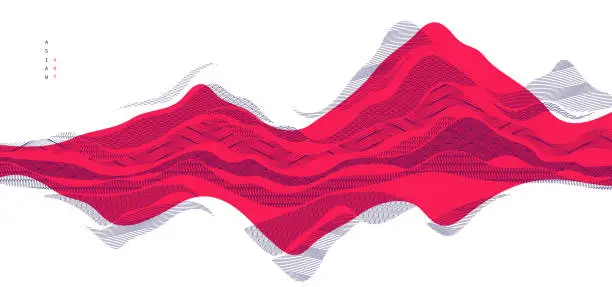 Vector illustration of Abstract oriental Japanese art vector background in red color, traditional style design, wavy shapes and mountains terrain landscape, runny like sea lines.