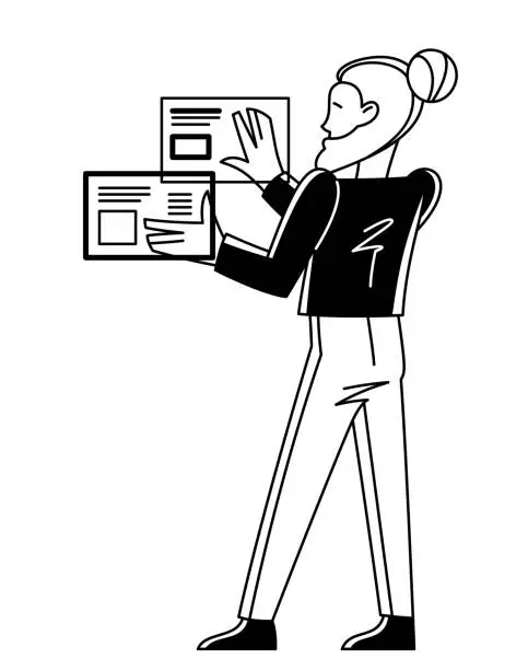 Vector illustration of Intellectual worker making analysis of some data on pc or web, data systematization, collecting and analyzing information, vector outline illustration.